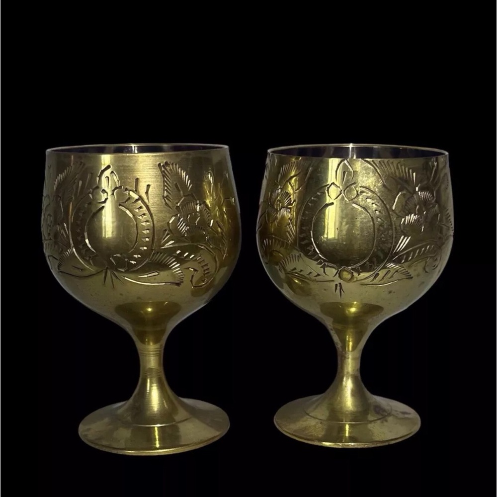 GORGEOUS VTG Brass & Silver Cordial Cocktail Shot Liquor Glasses Set Of 2